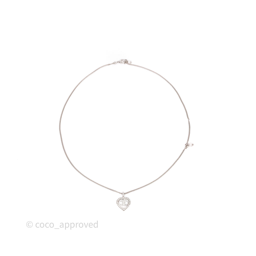 Chanel Pearl Crystal CC Heart Necklace Silver Tone 23B
