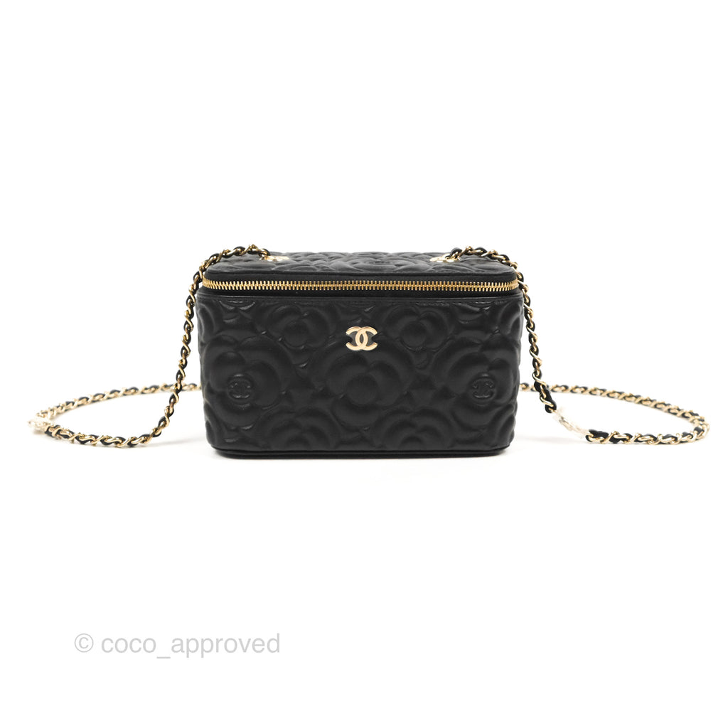 Chanel Vanity Rectangular Camellia Embossed Black Lambskin Gold Hardware