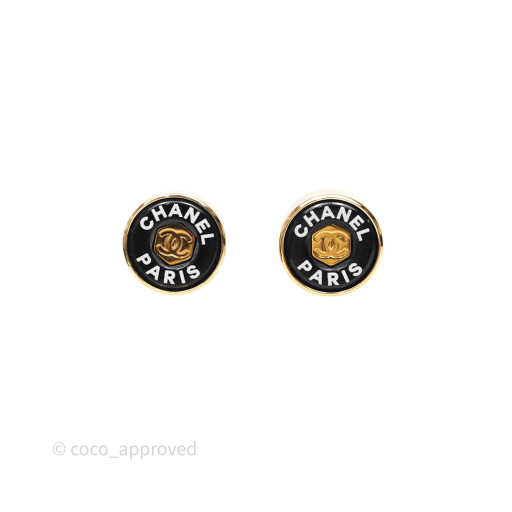 Chanel CC Black Resin Round Earrings Gold Tone 24C