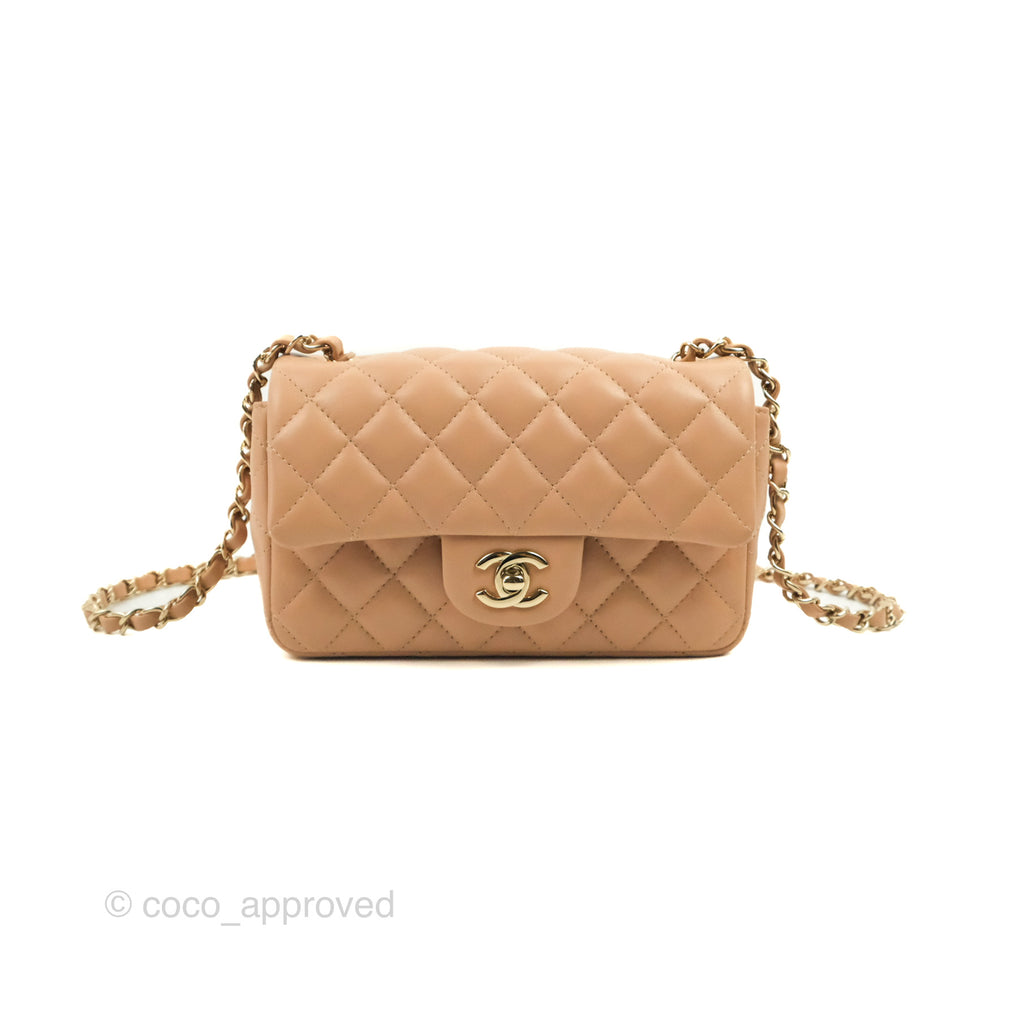 Chanel Quilted Mini Rectangular Flap Beige Lambskin Gold Hardware