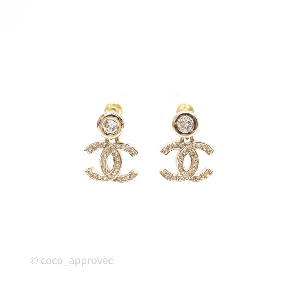 Chanel CC Crystals Drop Earrings Gold Tone 25S