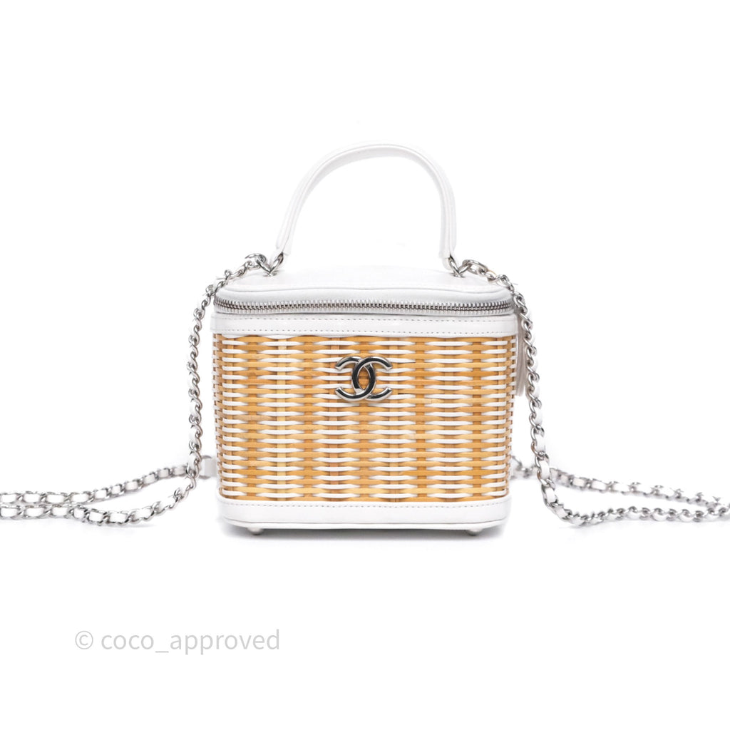 Chanel Small Top Handle Vanity Case White Beige Calfskin Raffia Silver Hardware 