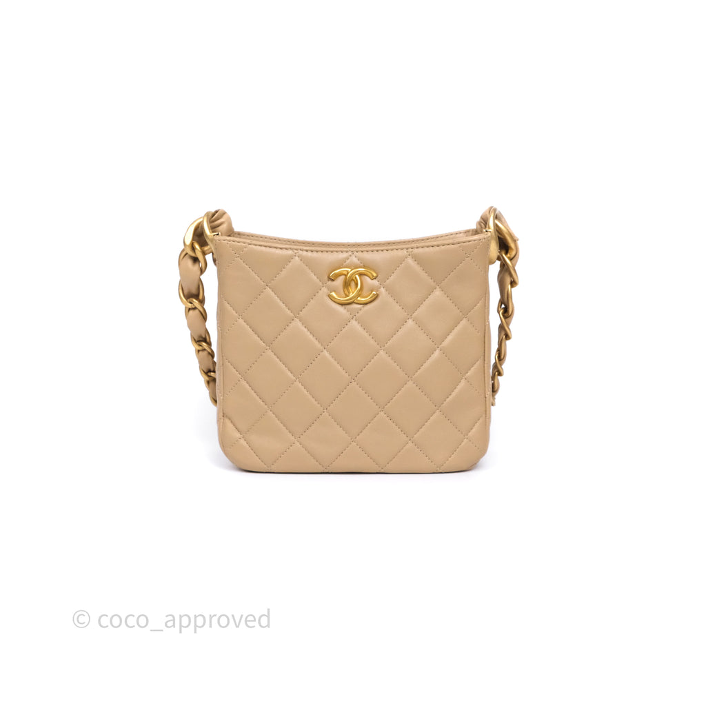 Chanel Quilted Hobo Tote Bag Beige Aged Gold Hardware