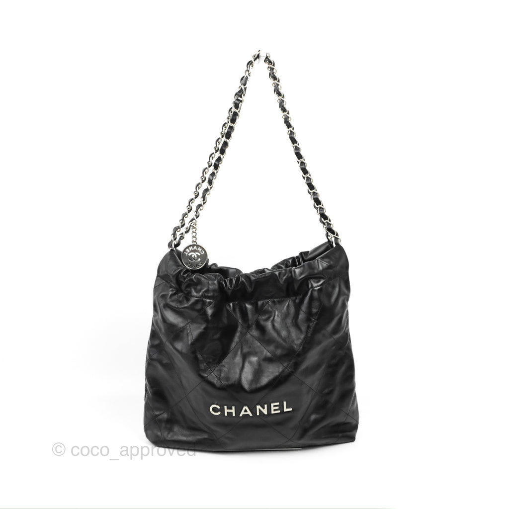 Chanel 22 Small Black Shiny Calfskin Matte Silver Hardware