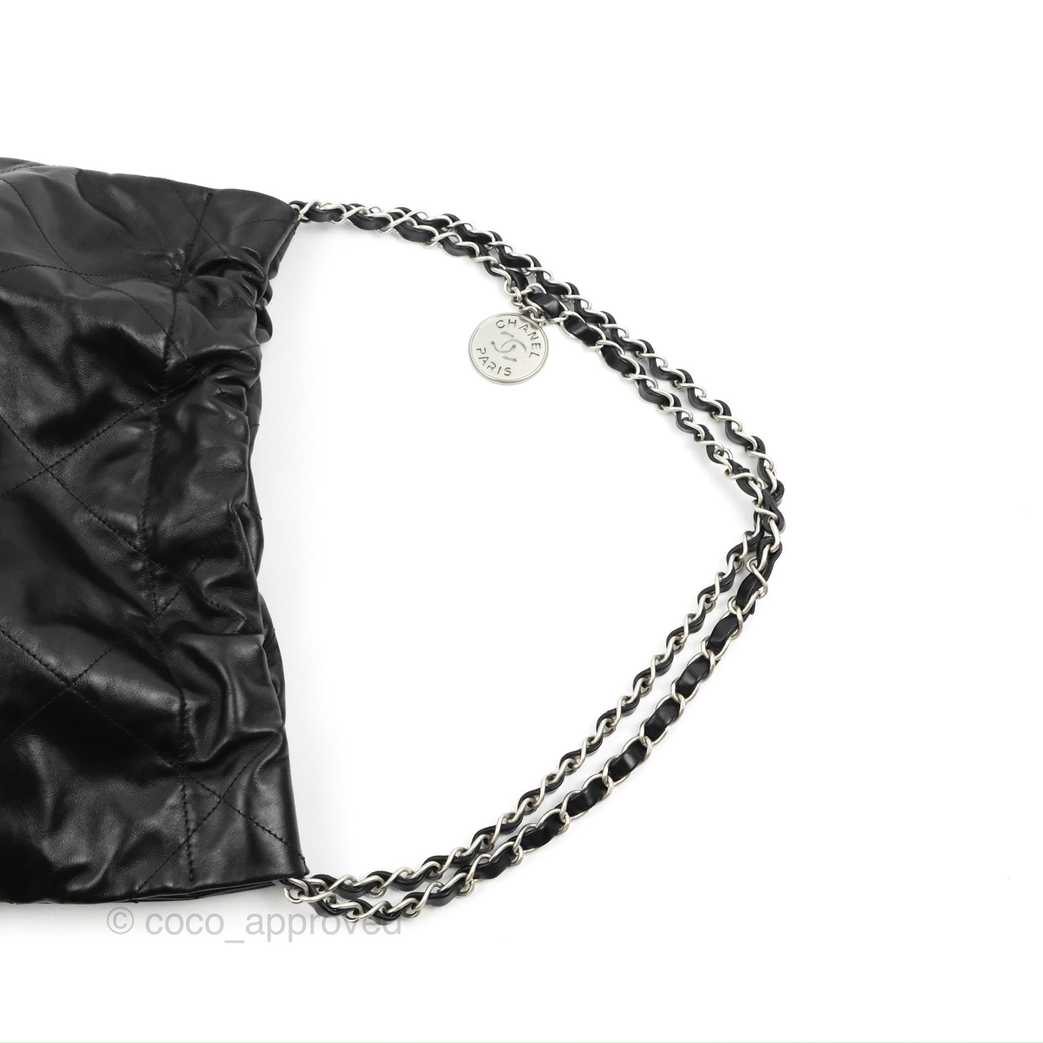 Chanel 22 Small Black Shiny Calfskin Matte Silver Hardware – Coco Approved  Studio