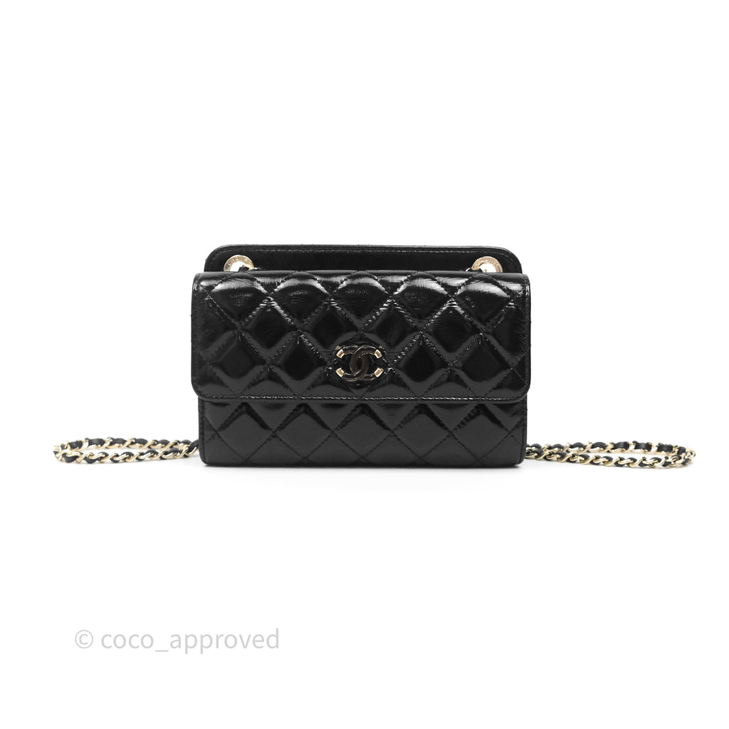 Chanel Quilted Clutch With Chain Patent Black Gold Hardware