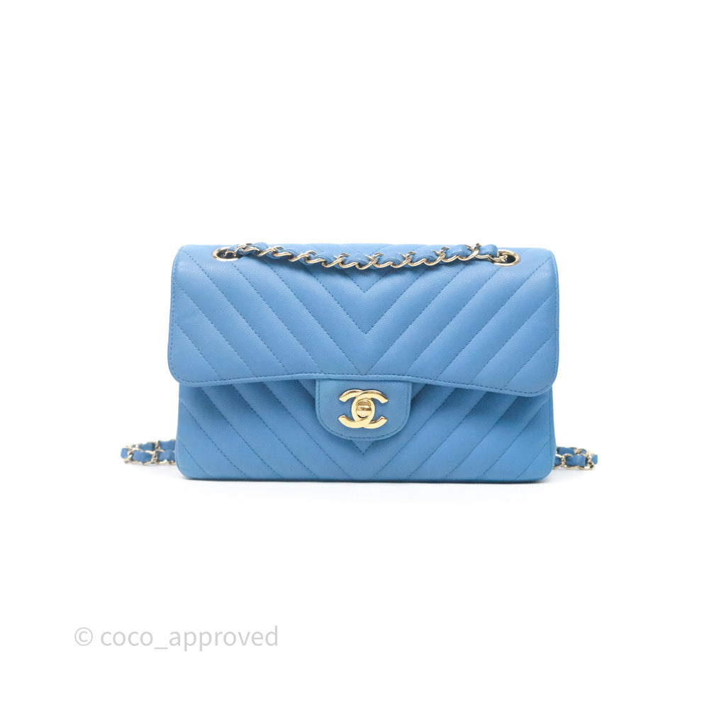 Chanel Small Classic Flap Chevron Blue Caviar Gold Hardware