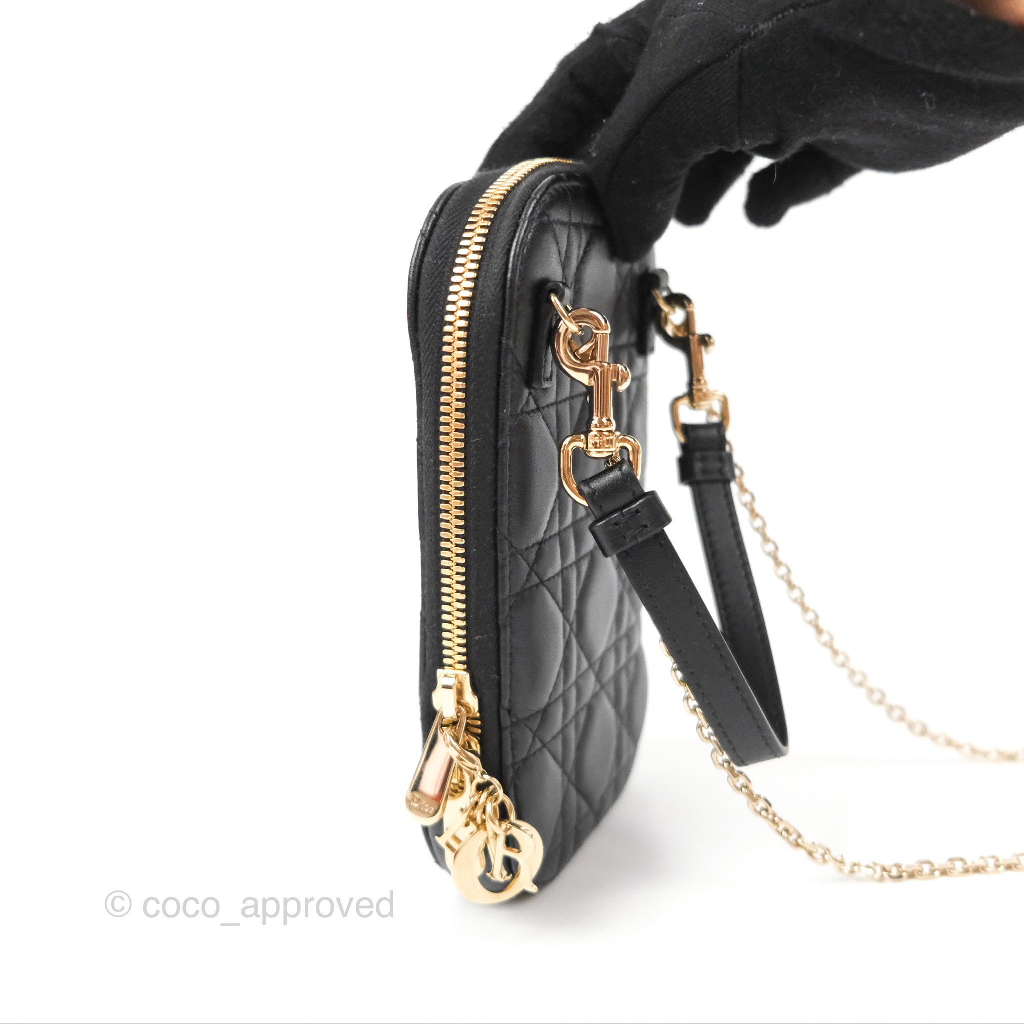 CHRISTIAN DIOR Lambskin Cannage Lady Dior Phone Holder Black