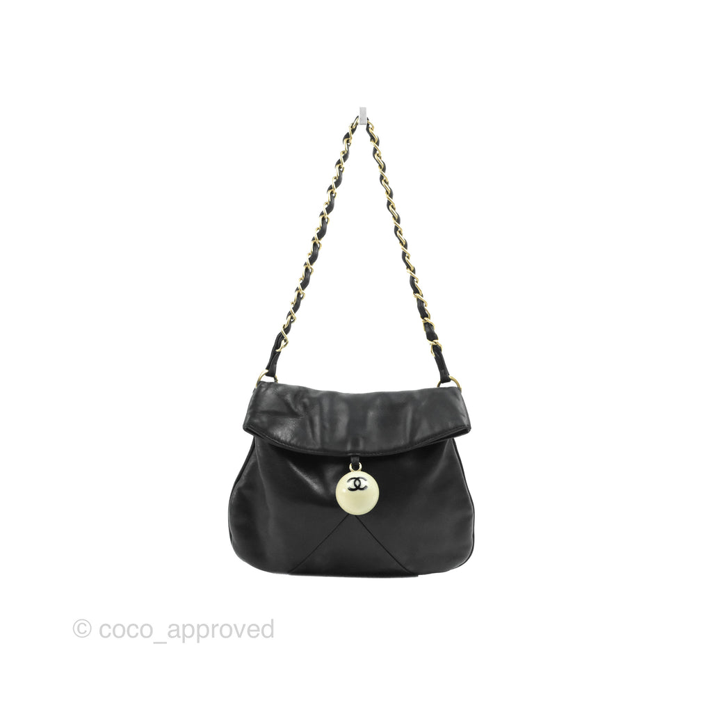 Chanel Vintage Coco Ball Fold Over Bag Black Leather Matte Gold Hardware