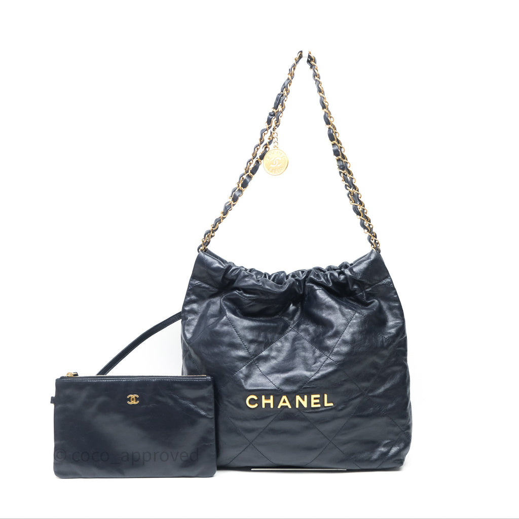Chanel 22 Small Navy Shiny Calfskin Aged Gold Hardware