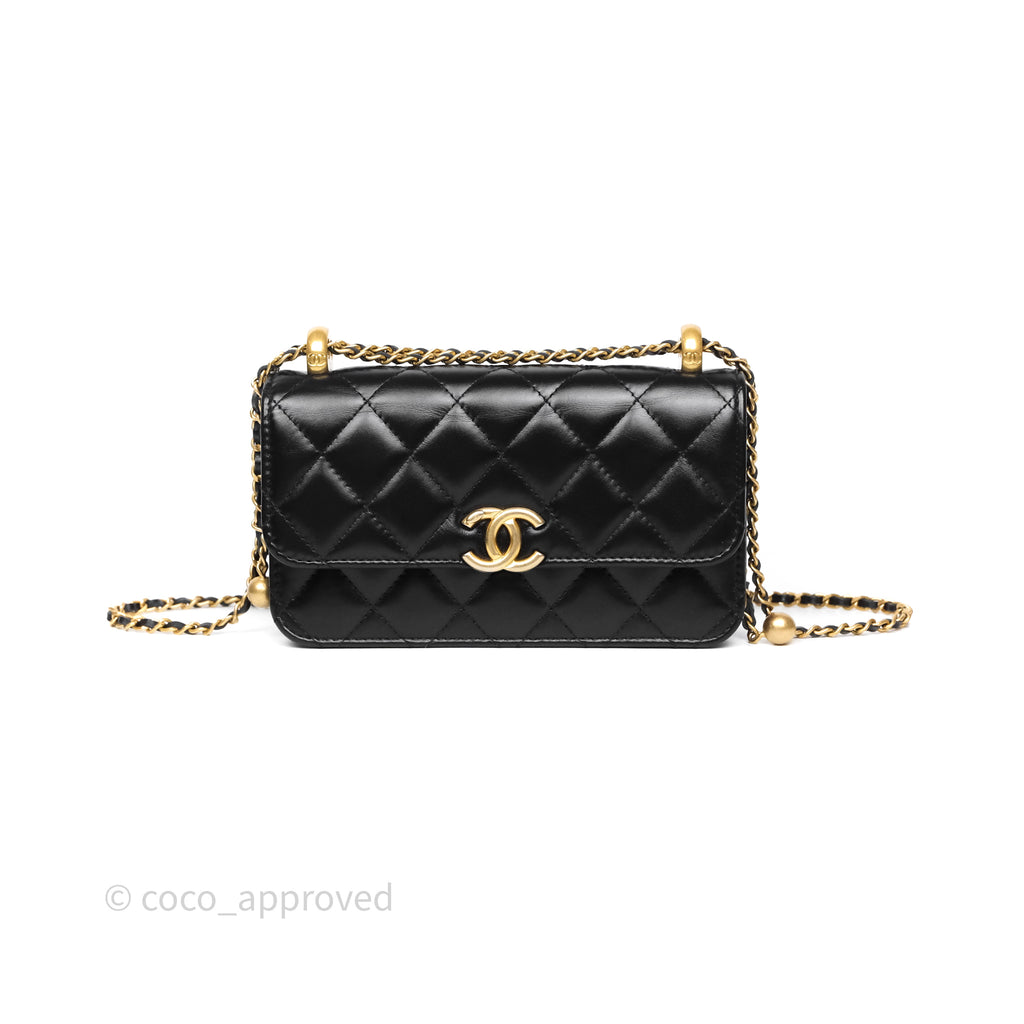 Chanel Quilted Perfect Fit Adjustable Phone Holder Black Calfskin Aged Gold Hardware
