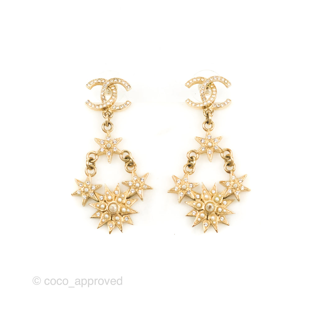 Chanel Crystal CC Drop Earrings Gold Tone 15A