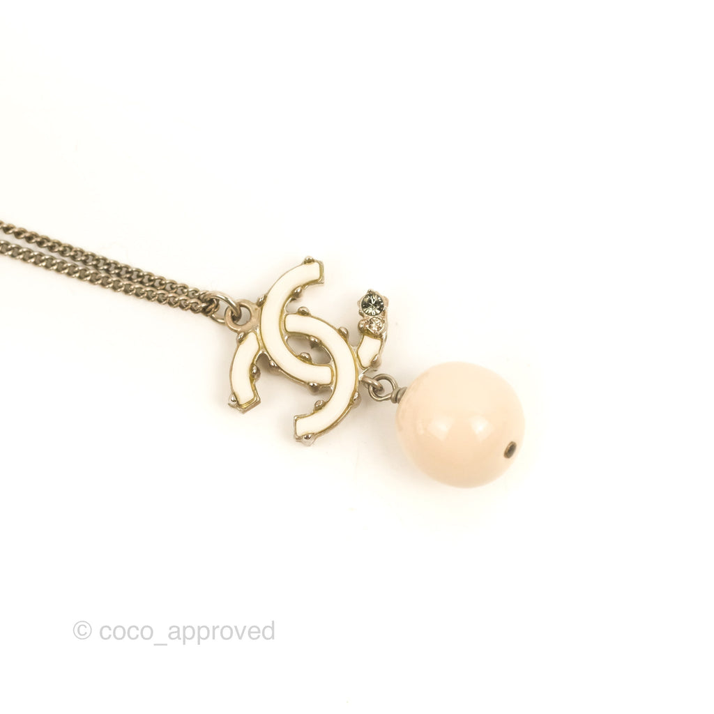 Chanel Crystal Enamel CC Bead Drop Necklace Silver Tone 14S