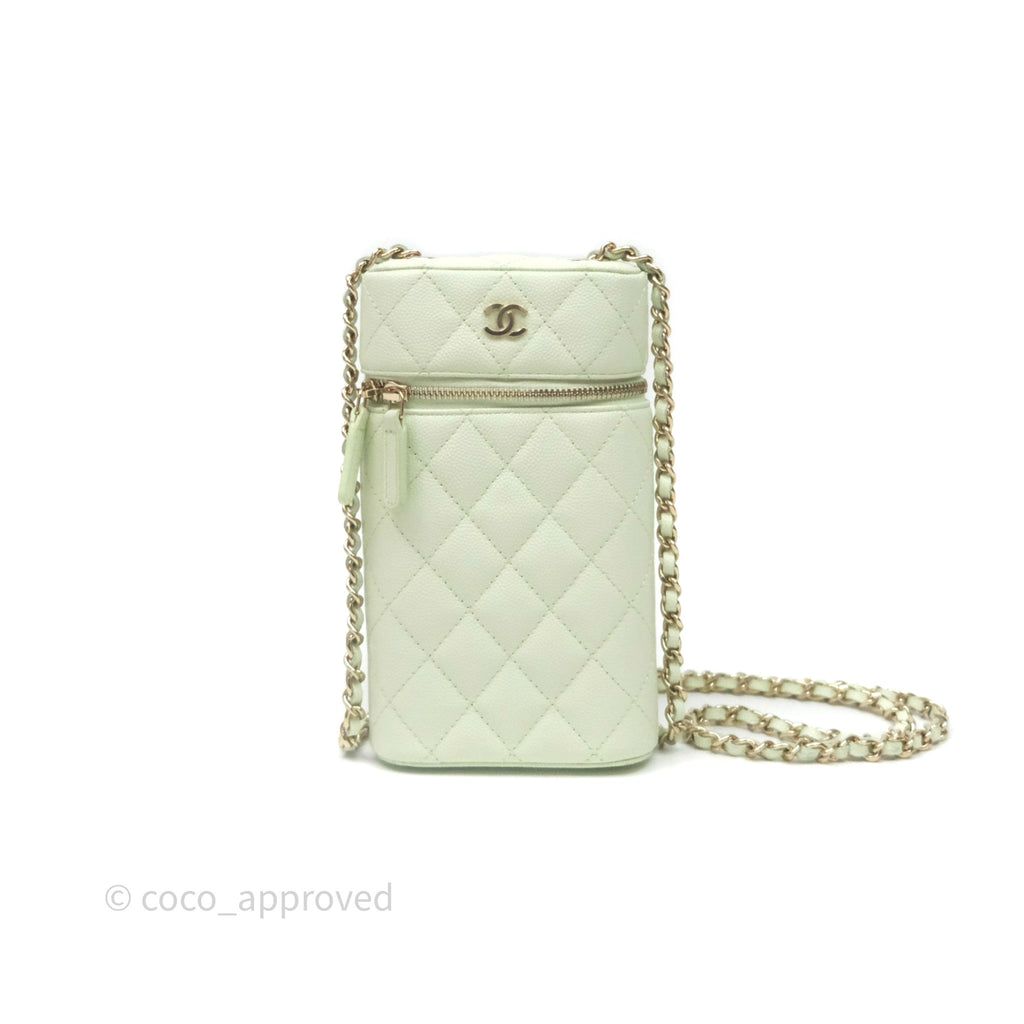 Chanel Vanity Phone Holder With Chain Light Mint Green Caviar Gold Hardware