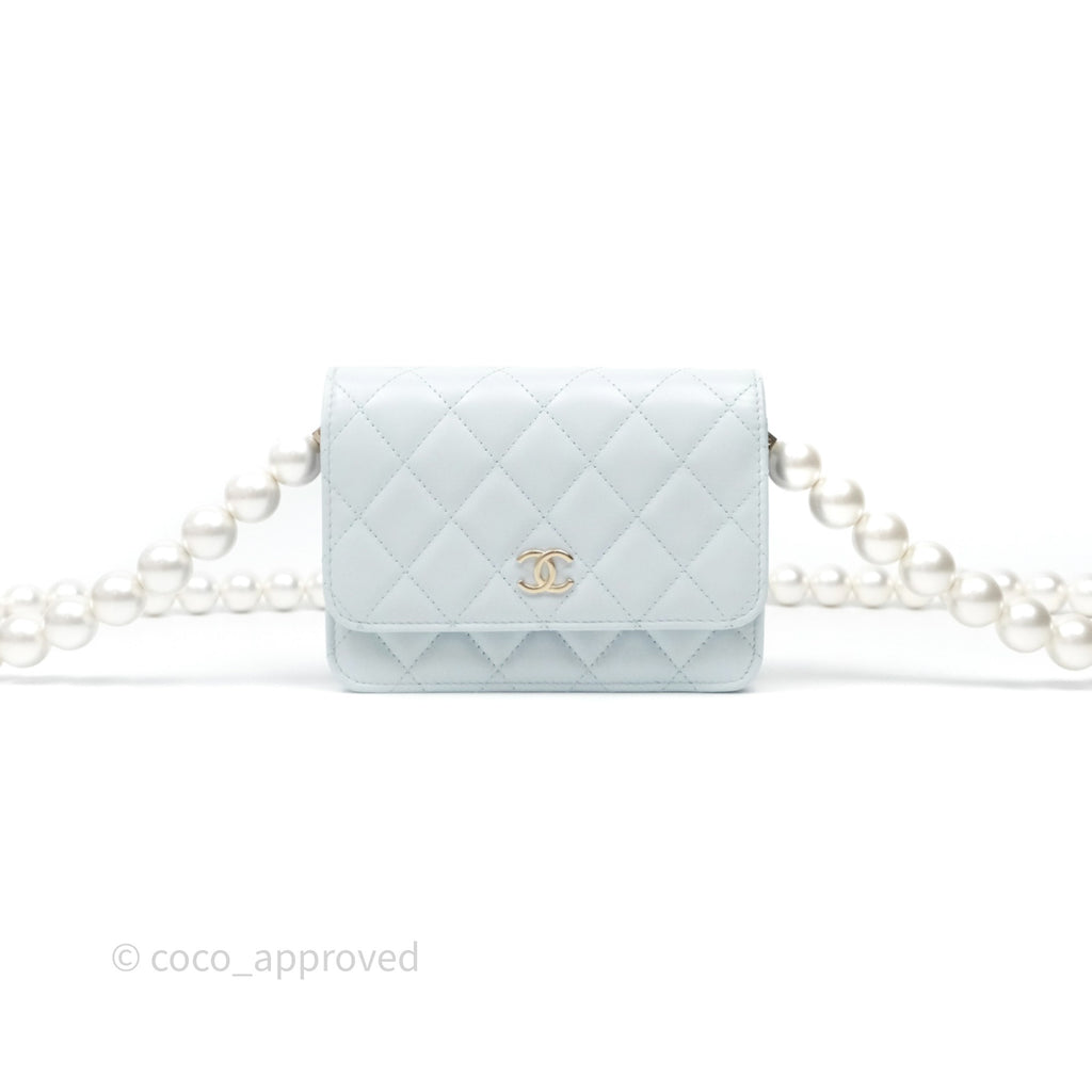 Chanel Quilted Large Pearl Mini Wallet On Chain WOC Blue Lambskin Gold Hardware