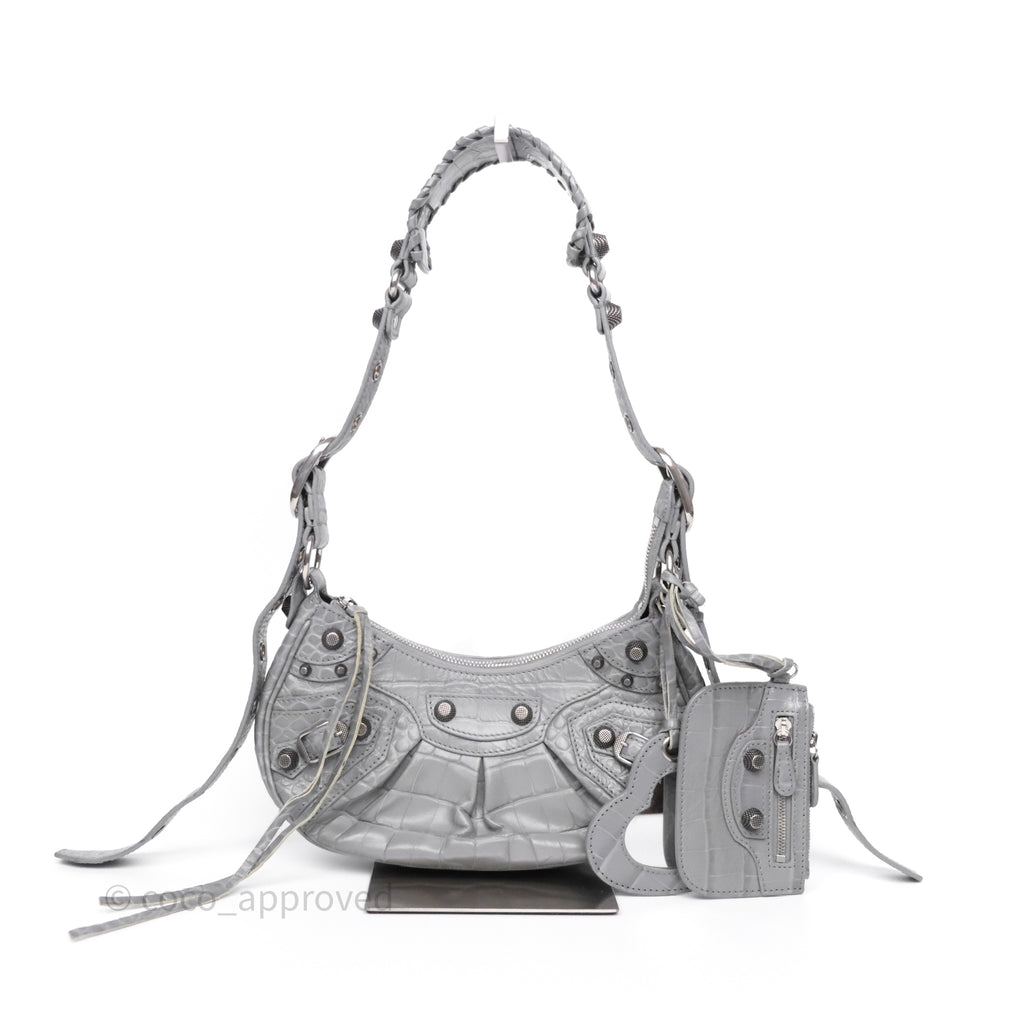 Balenciaga XS Le Cagole Shoulder Bag Grey Croc Embossed Leather