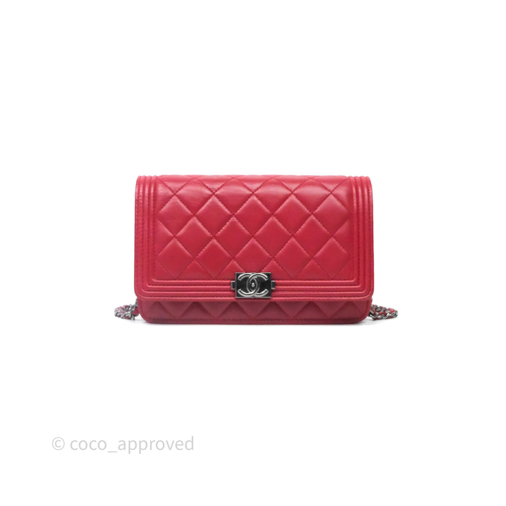 Chanel Boy Wallet on Chain WOC Red Lambskin Dark Silver Hardware
