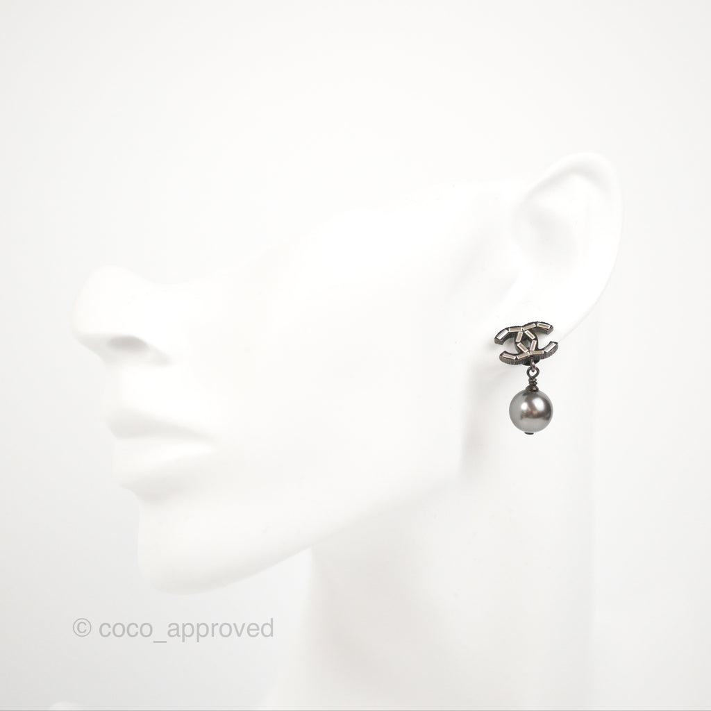 Chanel CC Black Bead Drop Earrings Gun Metal 19A
