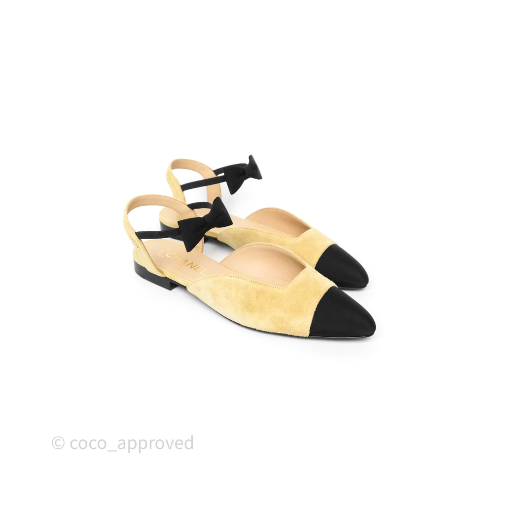 Chanel Bow Two-Tone Slingback Flats Beige/ Black Suede Size 38