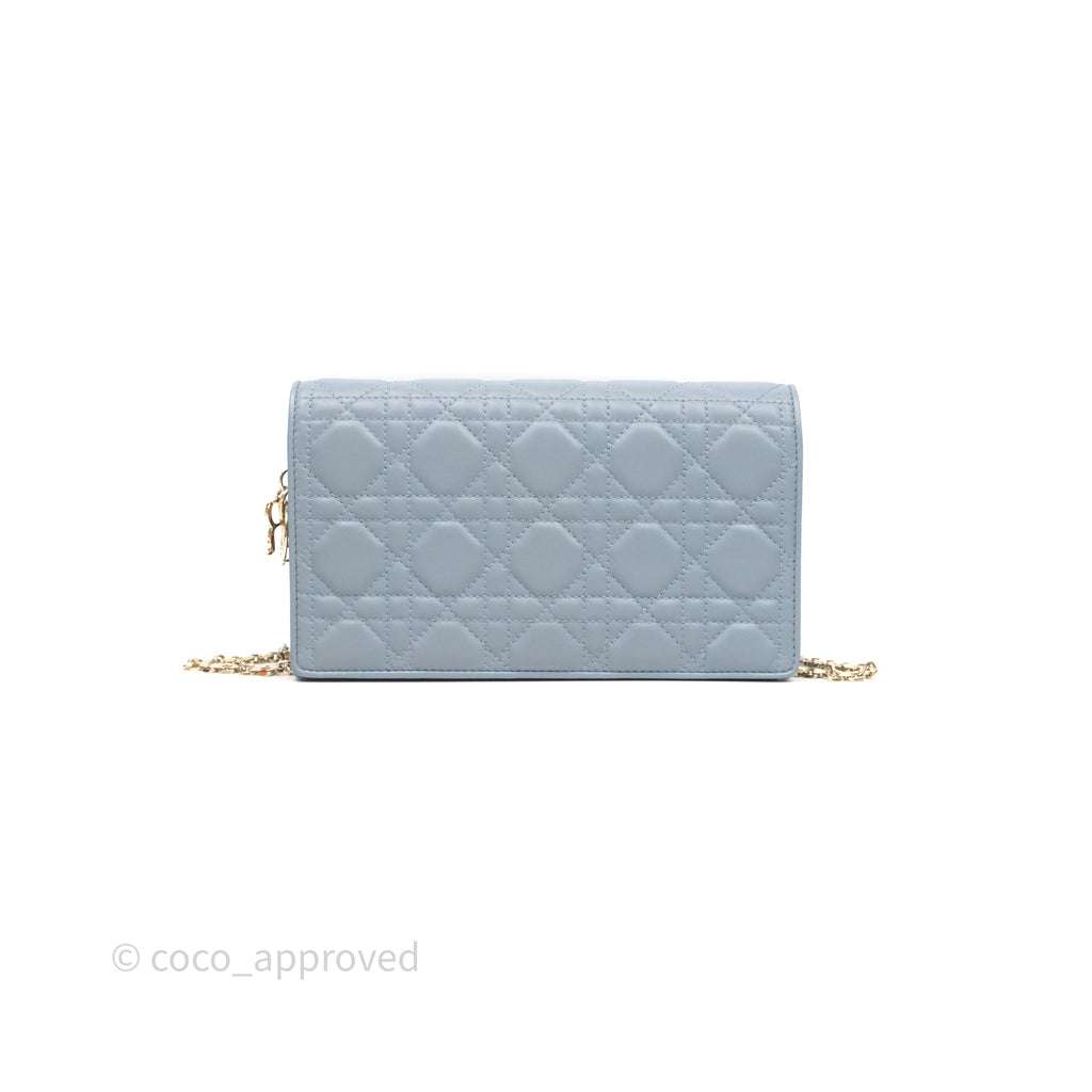 Christian Dior Lady Dior Pouch with Chain Blue Grey Cannage Lambskin Gold Hardware