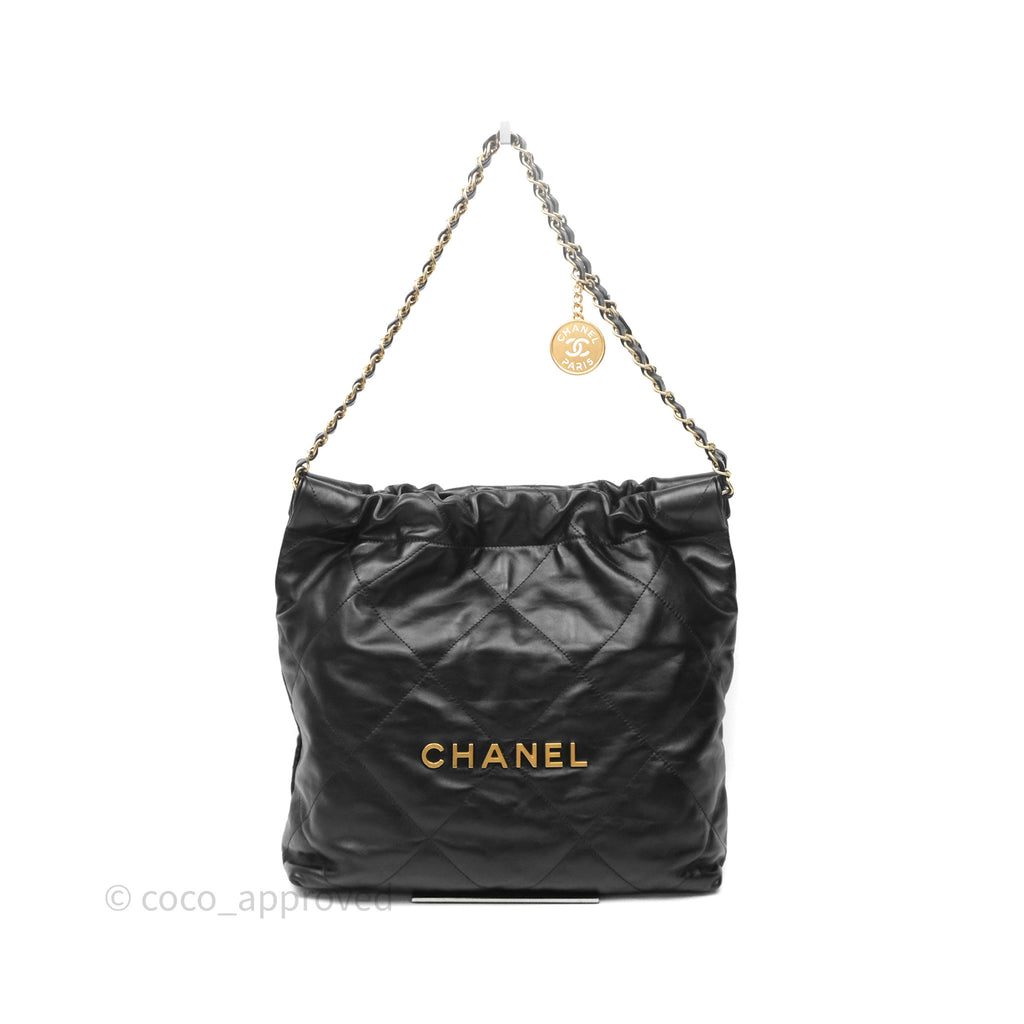 Chanel 22 Small Black Shiny Calfskin Aged Gold Hardware