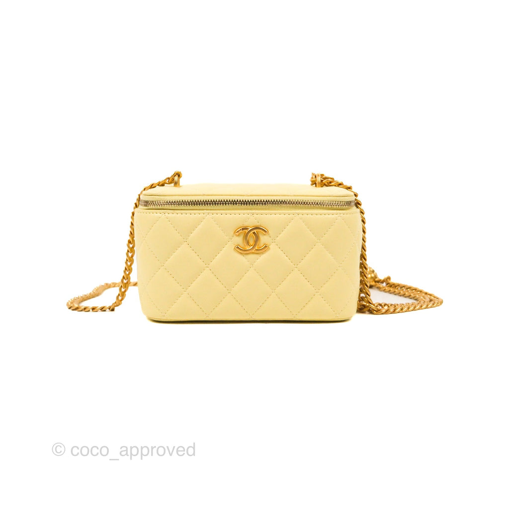 Chanel Quilted Vanity Rectangular with Camellia Adjustable Chain Light Yellow Lambskin 23S