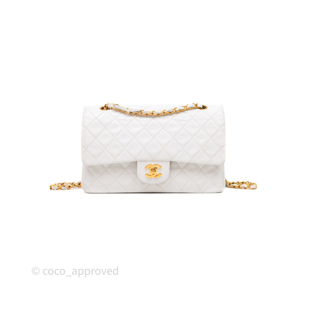 Chanel Classic Vintage Double Flap M/L White Lambskin 24K Gold Hardware