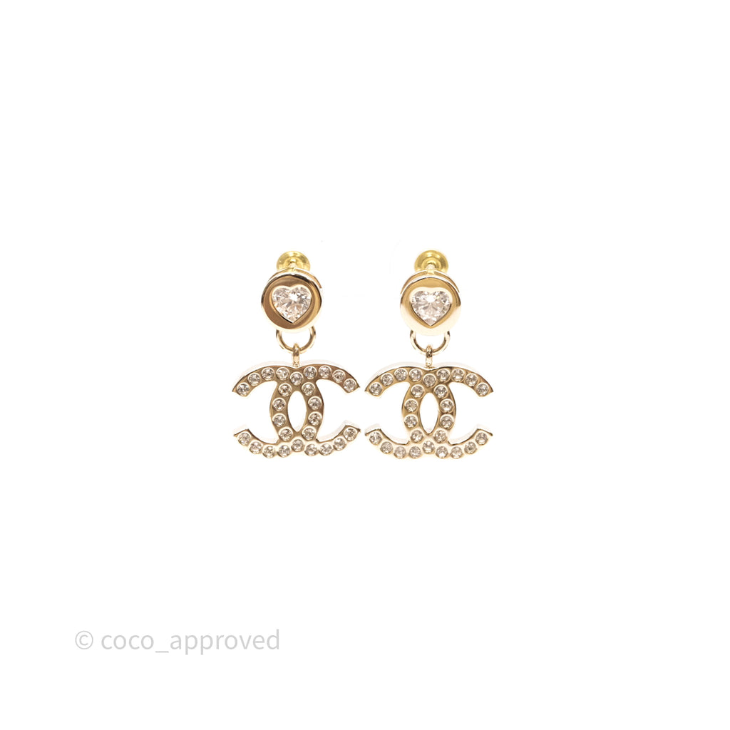 Chanel CC Heart Crystal Drop Earrings Gold Tone 24B