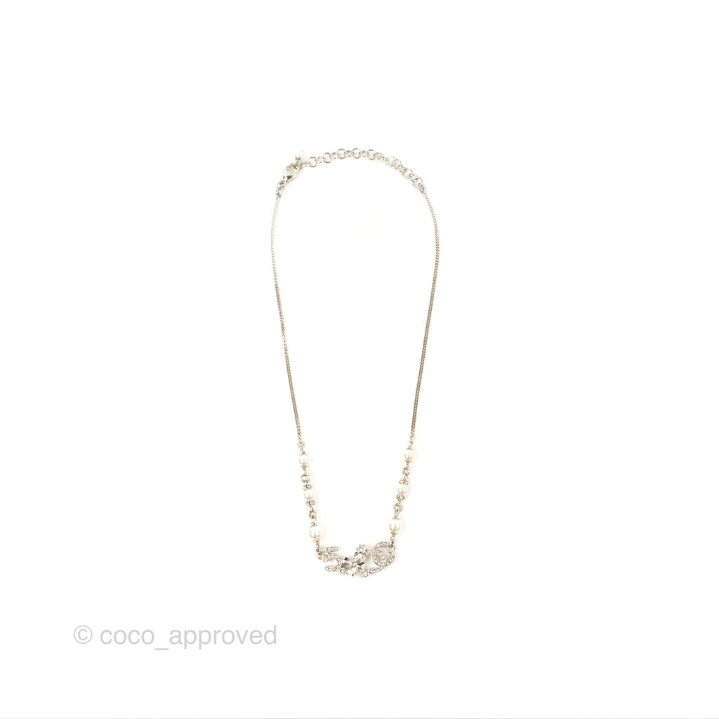 Chanel Pearl Crystal CC No5 Necklace Silver Tone 23P