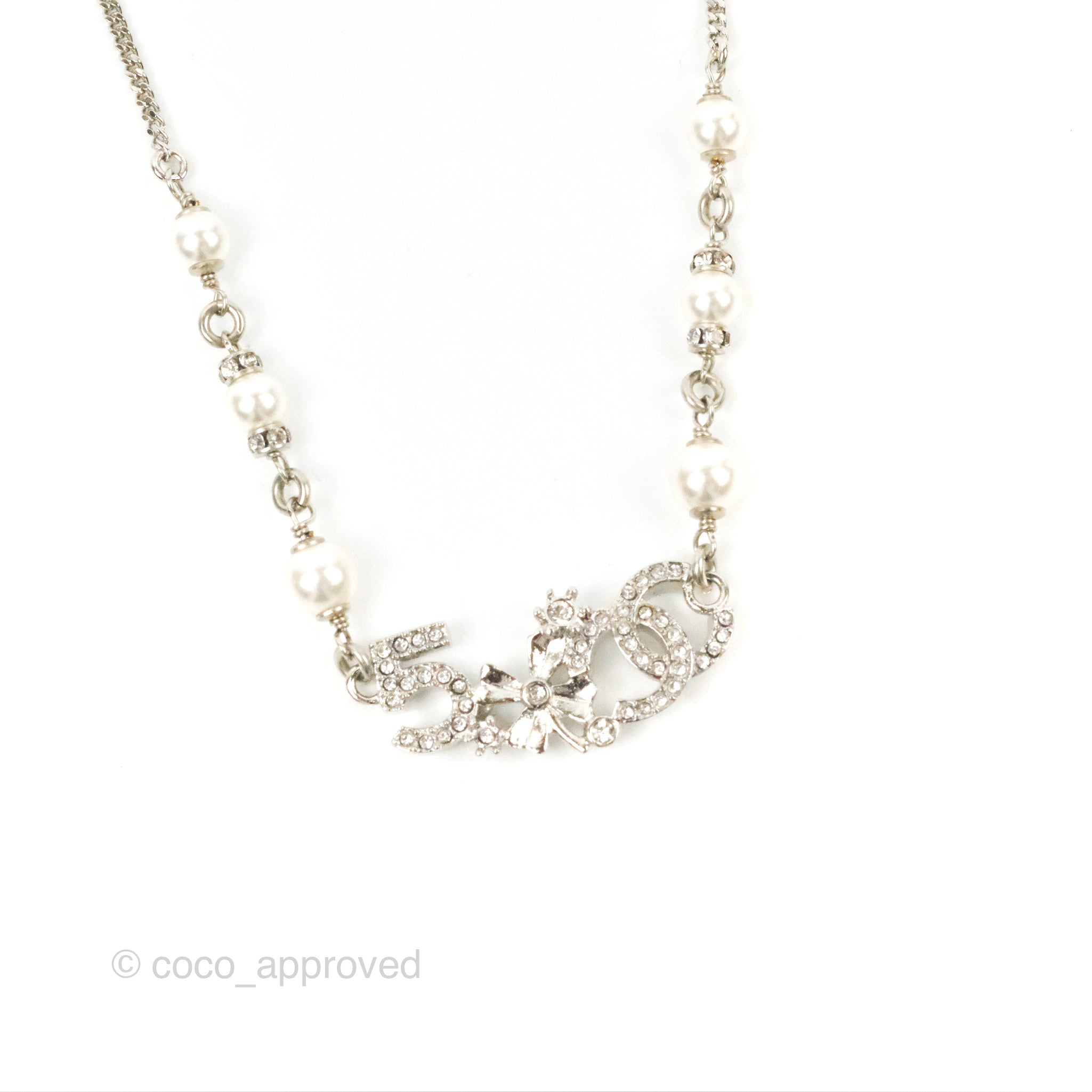 Chanel Pearl Crystal CC No5 Necklace Silver Tone 23P – Coco
