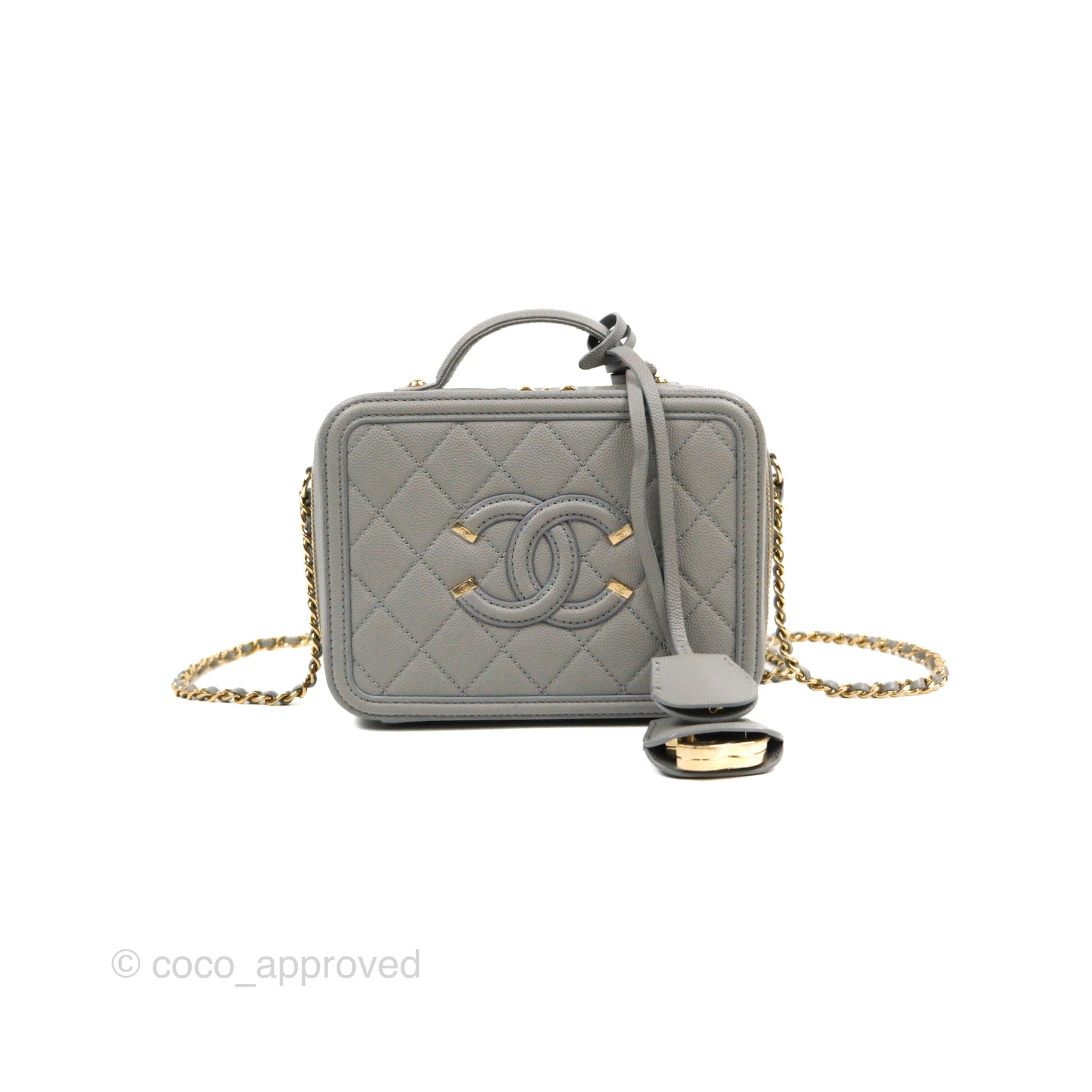 Grey Quilted Caviar CC Filigree Vanity Case Gold Hardware, 2020