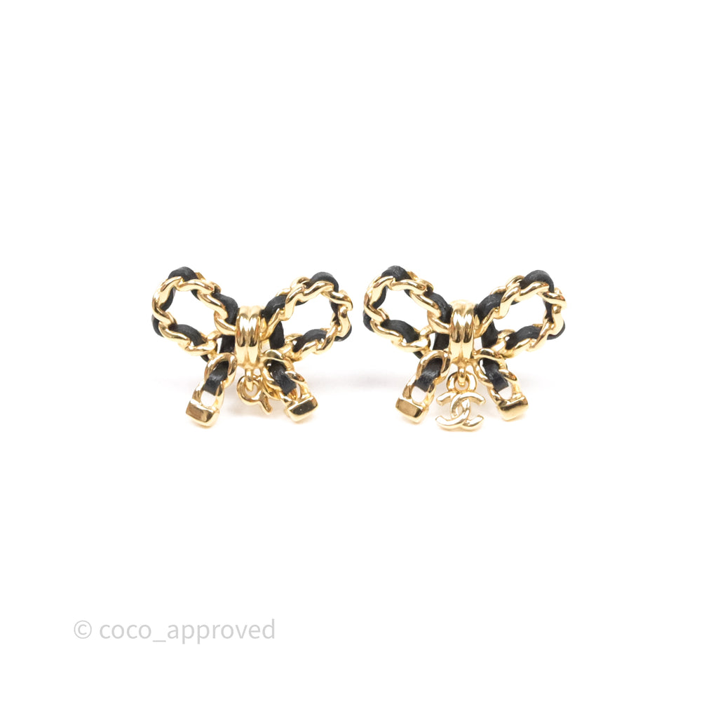 Chanel Woven Ribbon Bow Black Earrings Gold Tone 25V