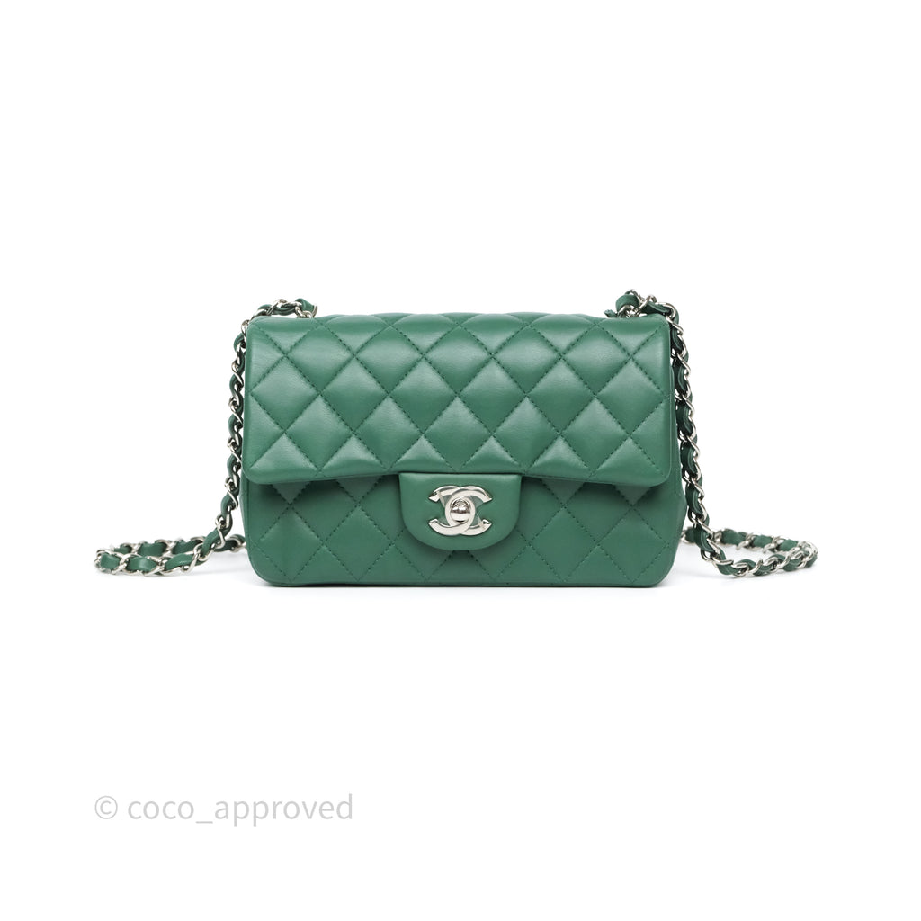 Chanel Quilted Mini Rectangular Green Lambskin Silver Hardware