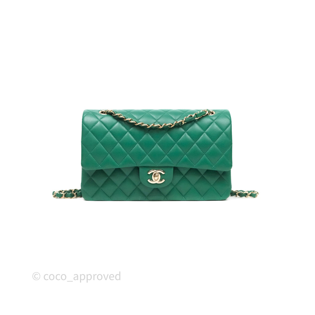 Chanel Classic M/L Medium Flap Quilted Green Lambskin Gold Hardware