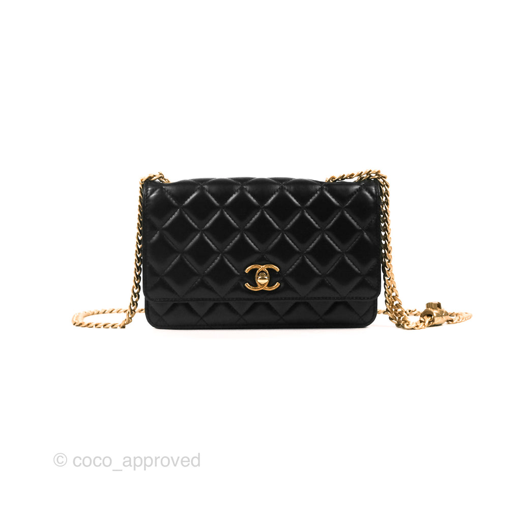 Chanel Quilted Wallet on Chain WOC Adjustable Chain Black Lambskin Aged Gold Hardware 22K