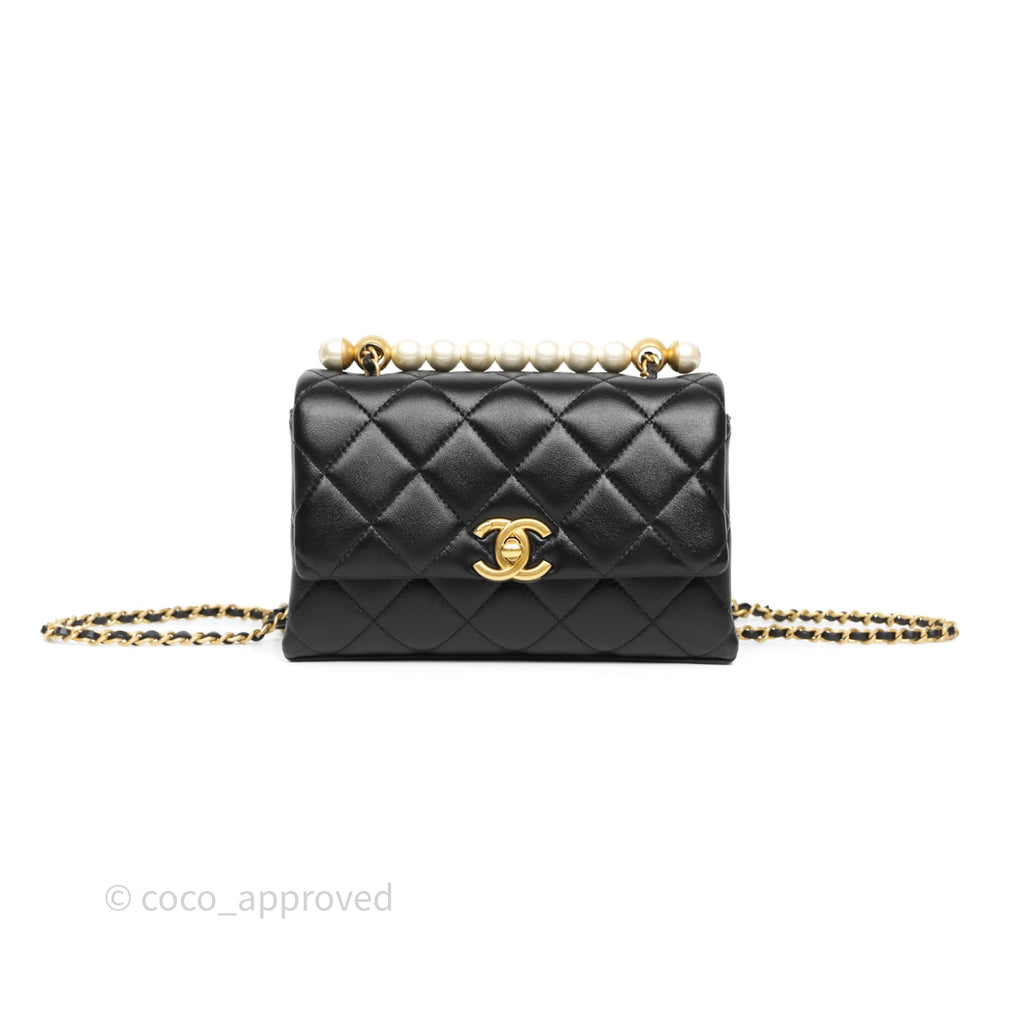 Chanel Mini Quilted Flap Bag with Pearl Top Handle Black Lambskin Aged Gold Hardware 24A