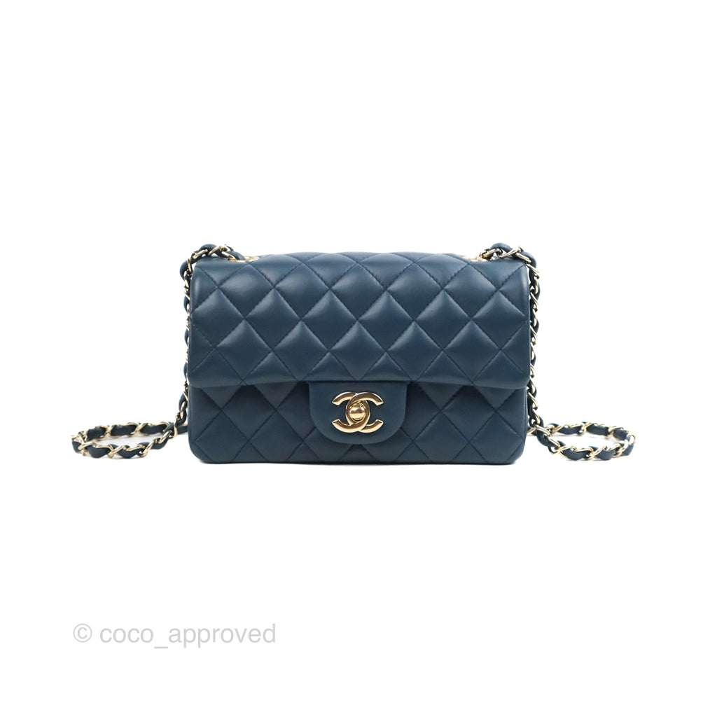 Chanel Quilted Mini Rectangular Flap Dark Teal Blue Lambskin Gold Hardware