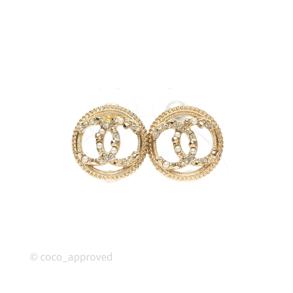 Chanel Round CC Crystals Pearl Earrings Gold Tone 19V