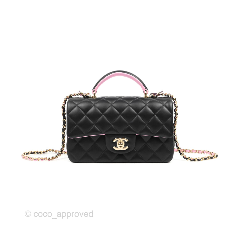 Chanel Top Handle Mini Rectangular Flap Black/Pink Lambskin Gold Hardware 23P