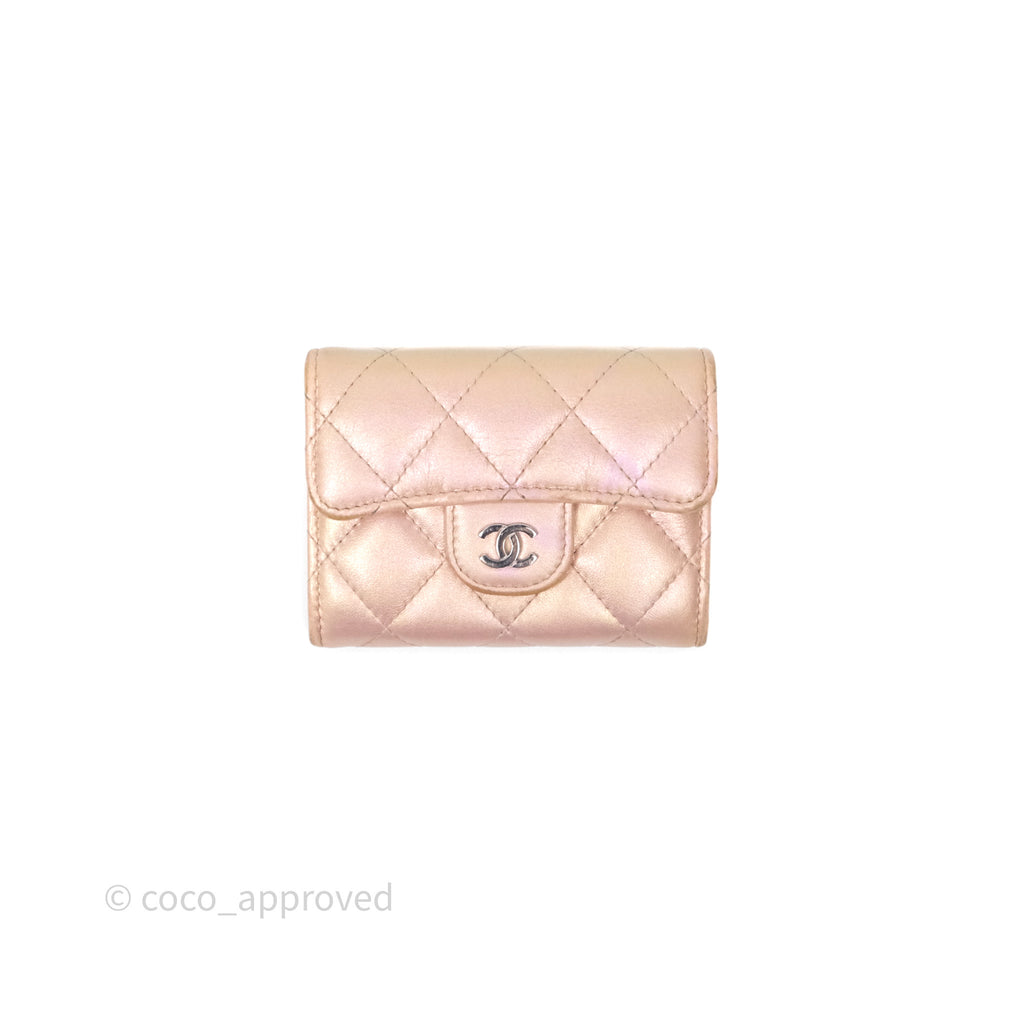 Chanel Classic Flap Coin Purse Pink Iridescent Pearl Lambskin Silver Hardware
