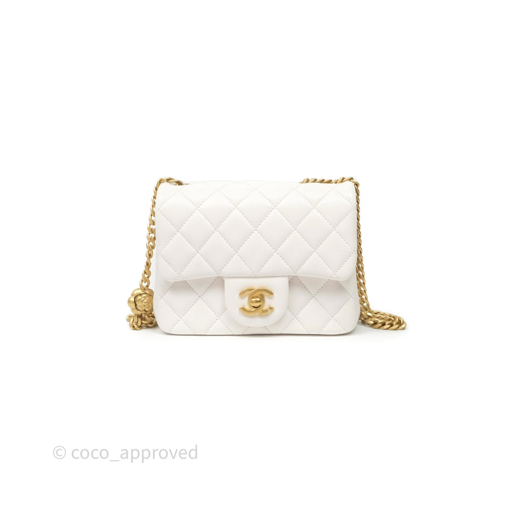 Chanel Quilted Mini Square Flap with Camellia Adjustable Chain White Lambskin Aged Gold Hardware