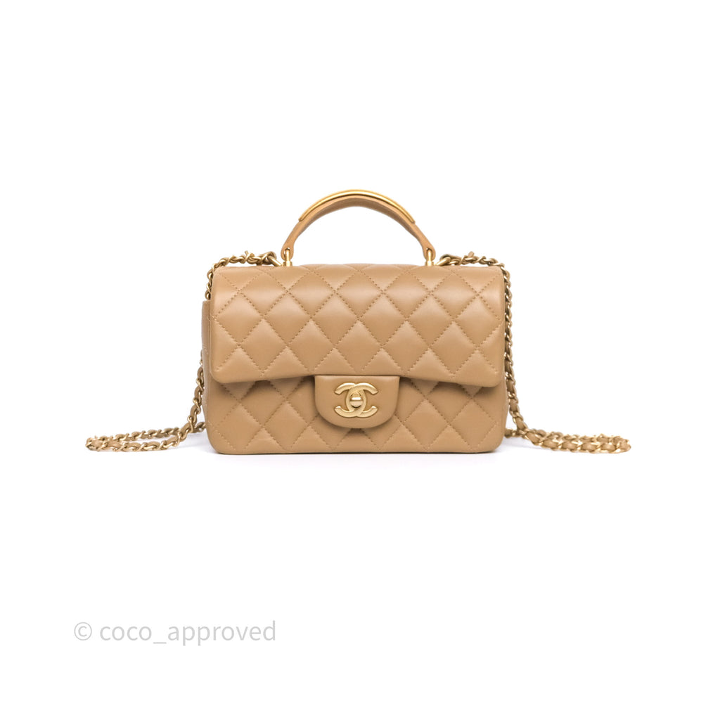 Chanel Metal Top Handle Mini Rectangular Flap Bag Beige Lambskin Aged Gold Hardware
