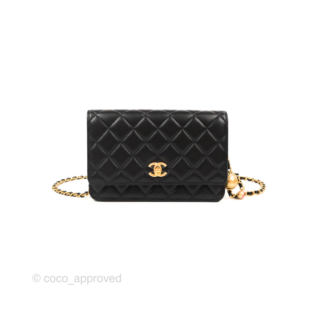 Chanel Quilted Pearl Crush Wallet on Chain WOC Black Lambskin Aged Gold Hardware