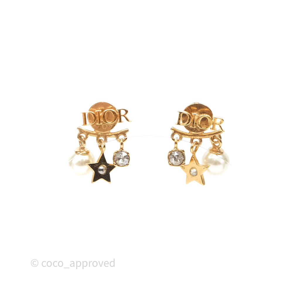 Christian Dior Crystal Pearl Drop Star Earrings Gold Tone