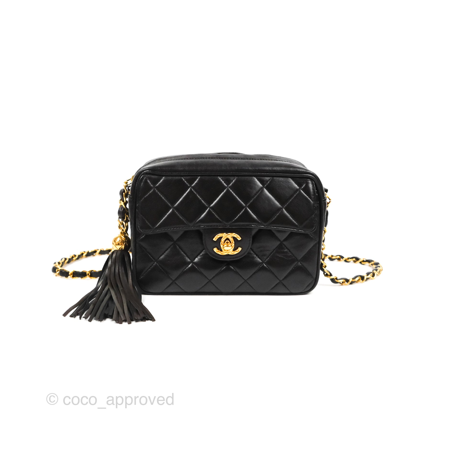Chanel Vintage Tassel Charm Camera Bag Black Lambskin Gold Hardware