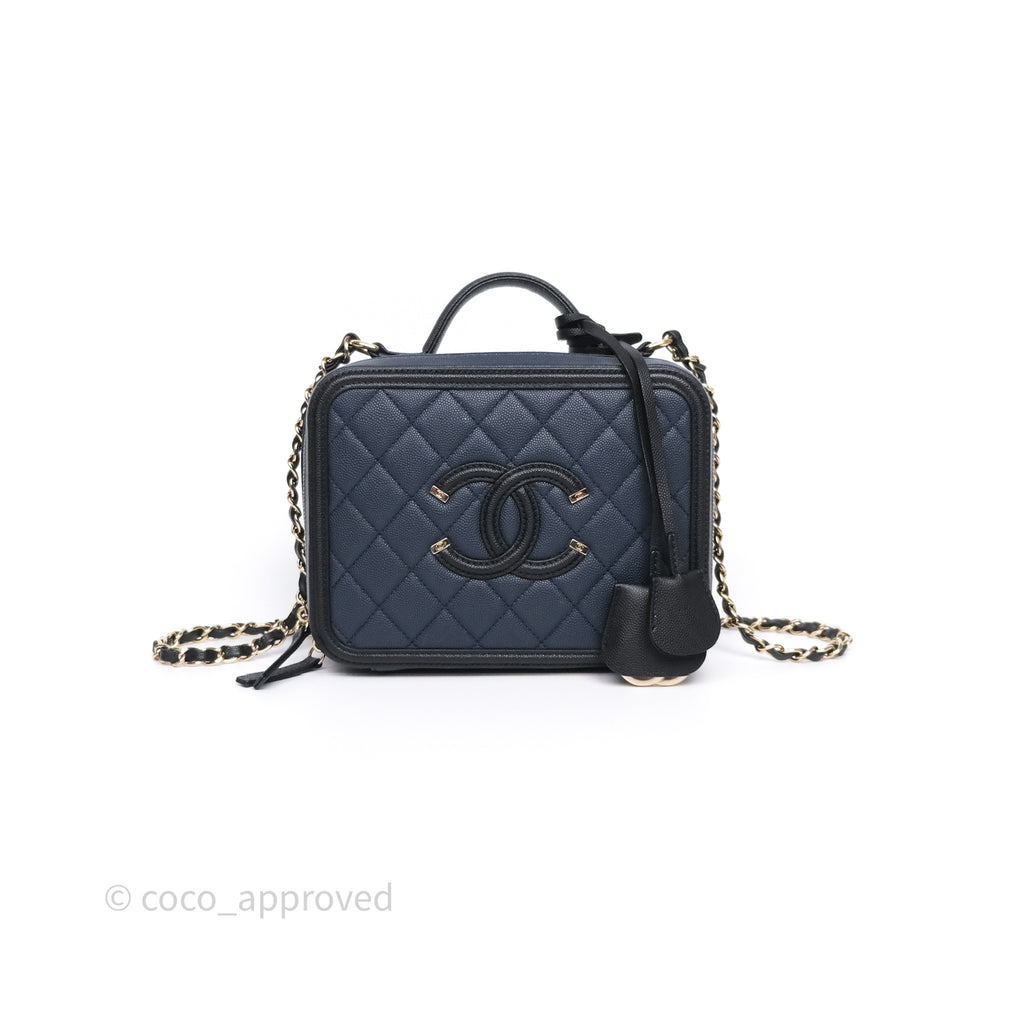 Chanel Quilted Medium CC Filigree Vanity Case Dark Navy Caviar Gold Hardware