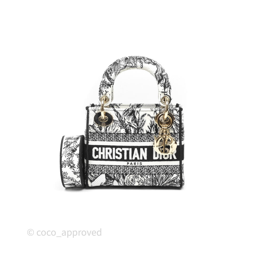 Christian Dior Mini Lady D-Lite Bag White/Black Toile de Jouy Voyage Embroidered