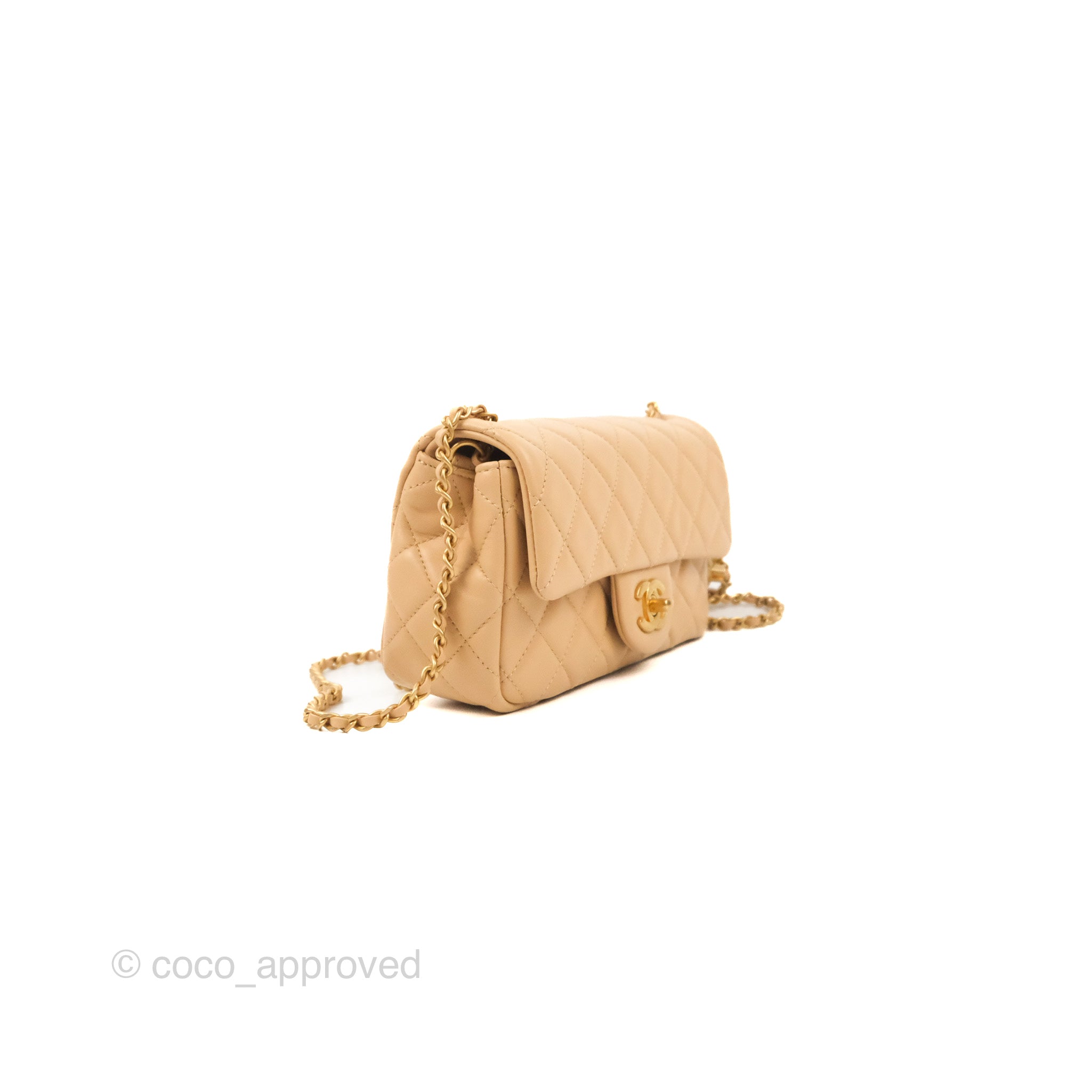 New Chanel 22C Pearl Crush mini rectangle rectangular classic flap bag gold  hardware ghw peach pink beige lambskin handbag purse orange coral