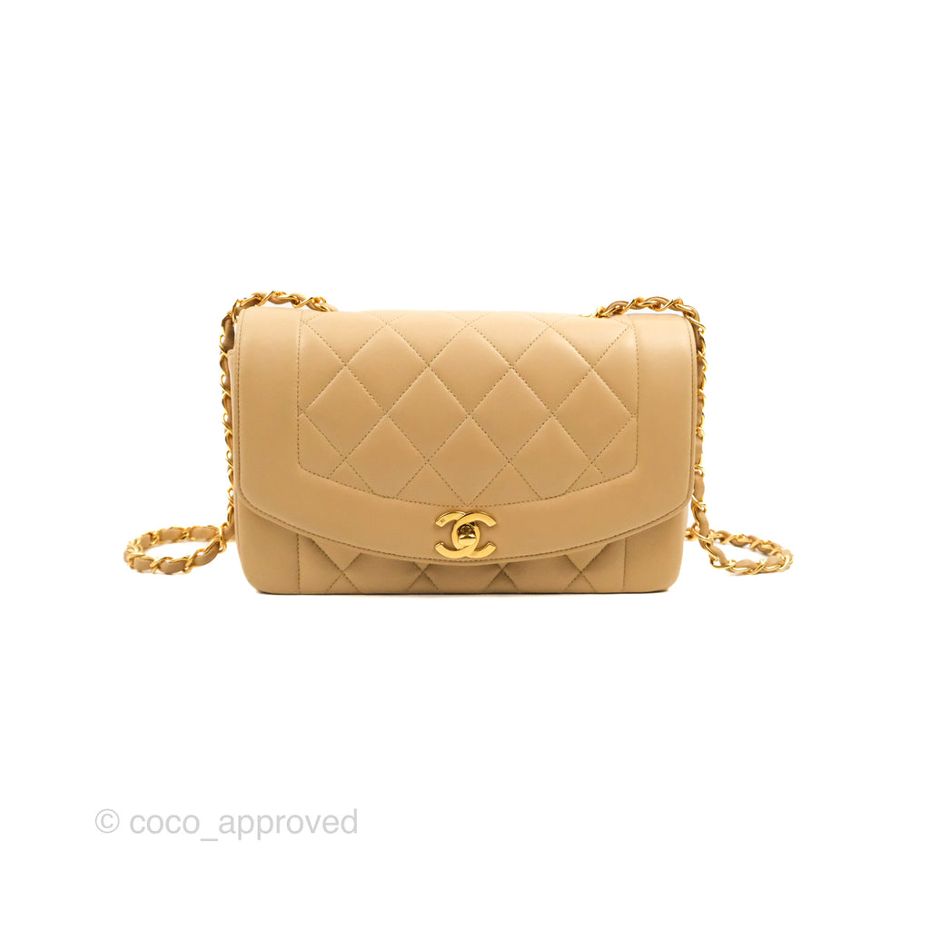 Chanel Vintage Small Quilted Classic Diana Flap Bag Beige Lambskin 24K Gold Hardware