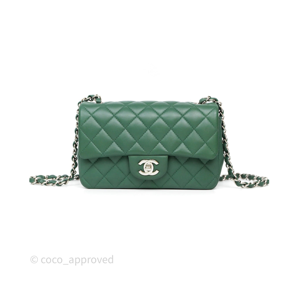 Chanel Quilted Mini Rectangular Green Lambskin Silver Hardware